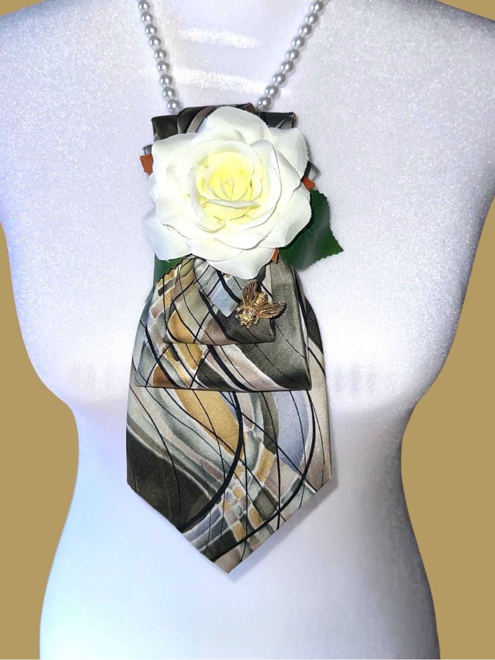 Olive Green Floral necktie Necklace with Cream Rose Accent